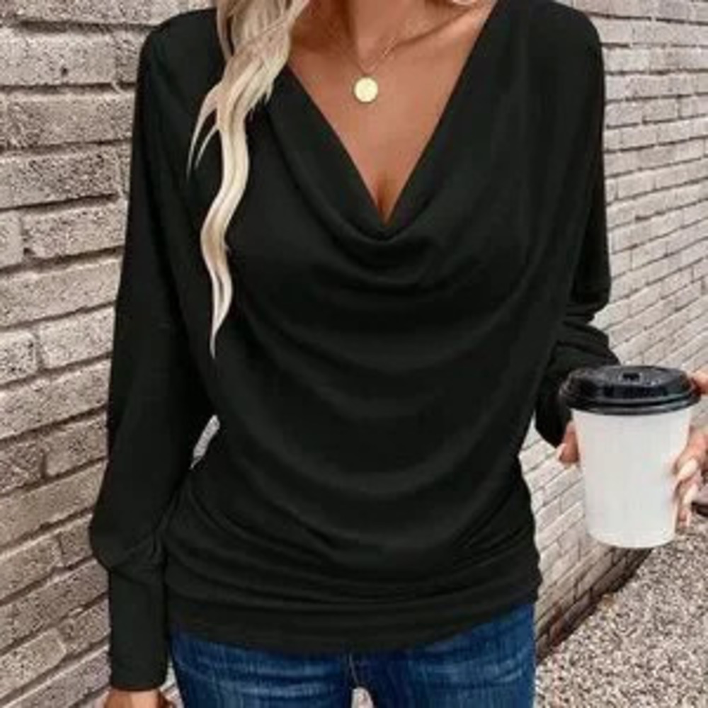 Black Casual Women's Draped cowl neckline Button detailed Long Sleeve T-Shirt